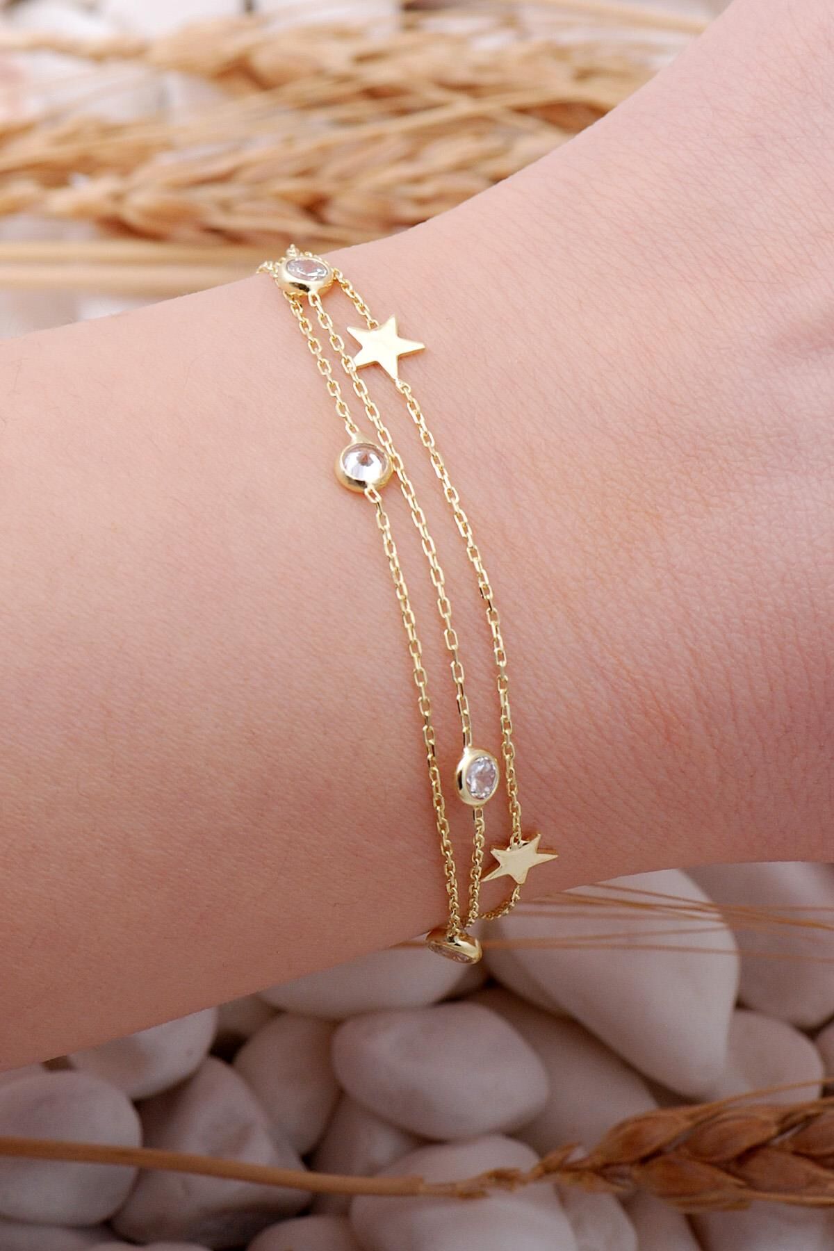 Yıldız Altın Yaldızlı Taşlı Gümüş Bileklik 3920