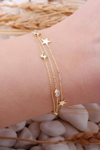 Yıldız Altın Yaldızlı Taşlı Gümüş Bileklik 3920