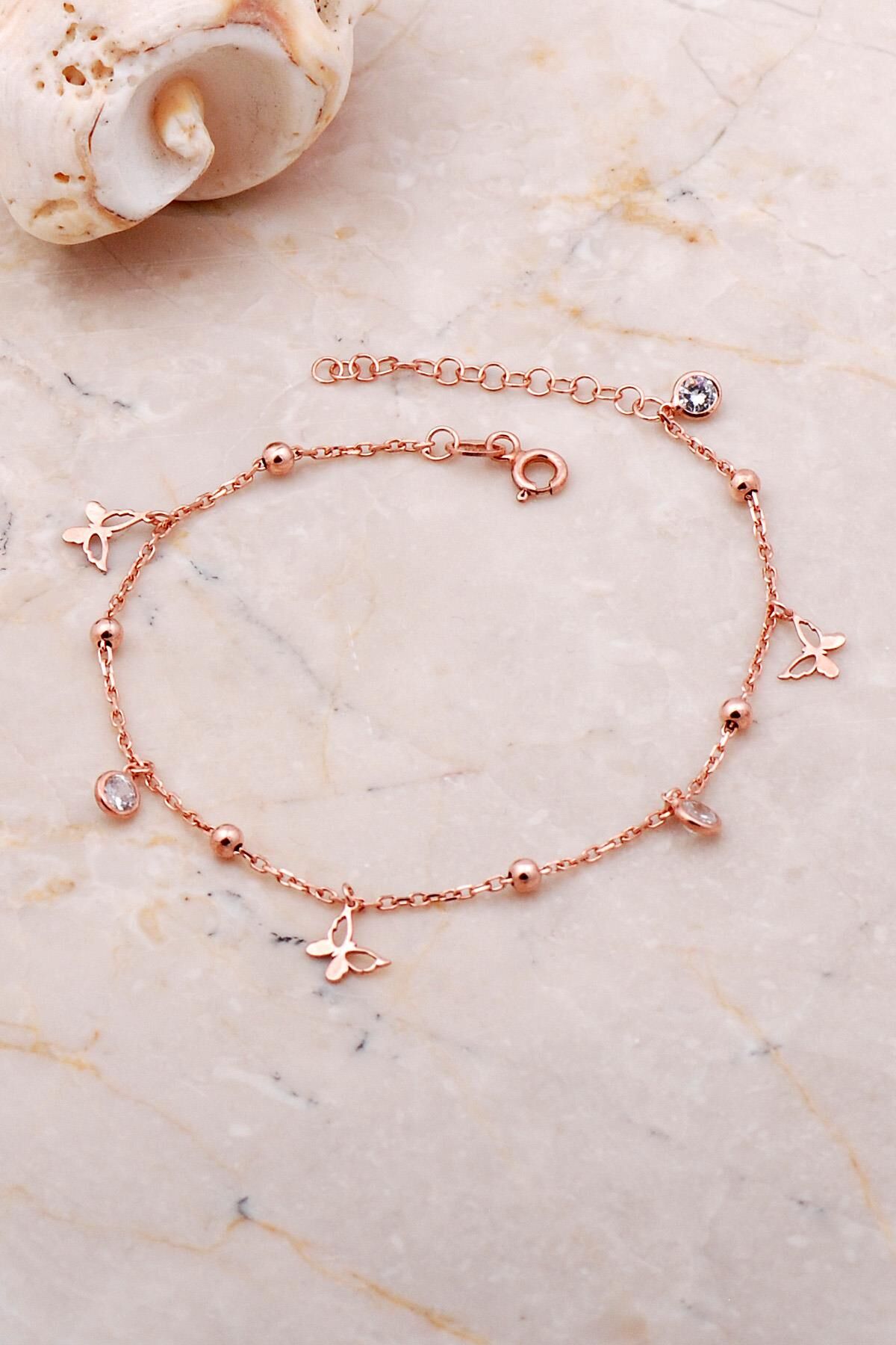 Kelebek Taşlı Sallantılı Rose Gümüş Toplu Bileklik 3656