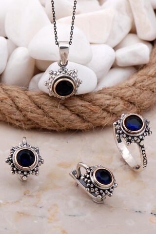 Safir Taşlı Gümüş Set 2574