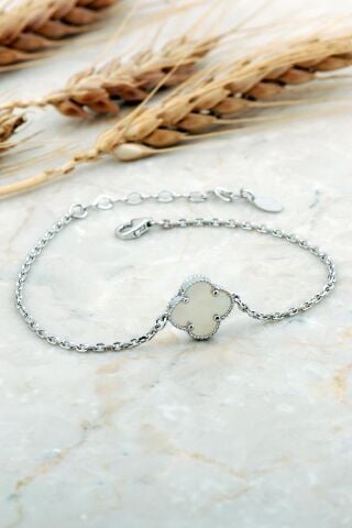 Sedef Taşlı Yonca Rodyumlu Gümüş Bileklik 4732