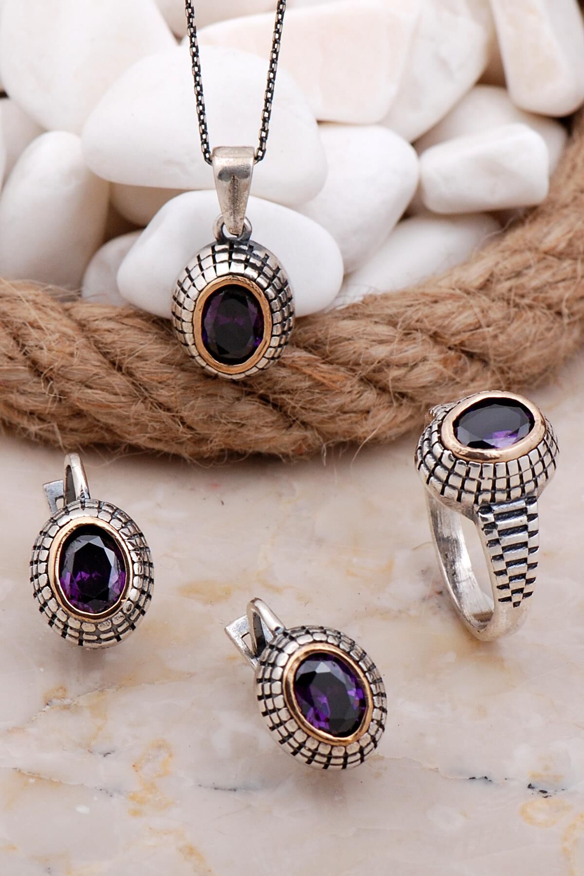 Ametist Taşlı Elişi Gümüş Set 2575