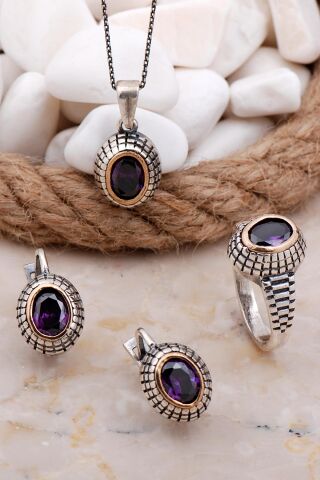 Ametist Taşlı Elişi Gümüş Set 2575