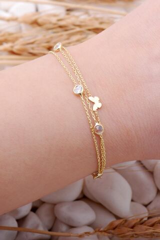 Kelebek Altın Yaldızlı Taşlı Gümüş Bileklik 3923