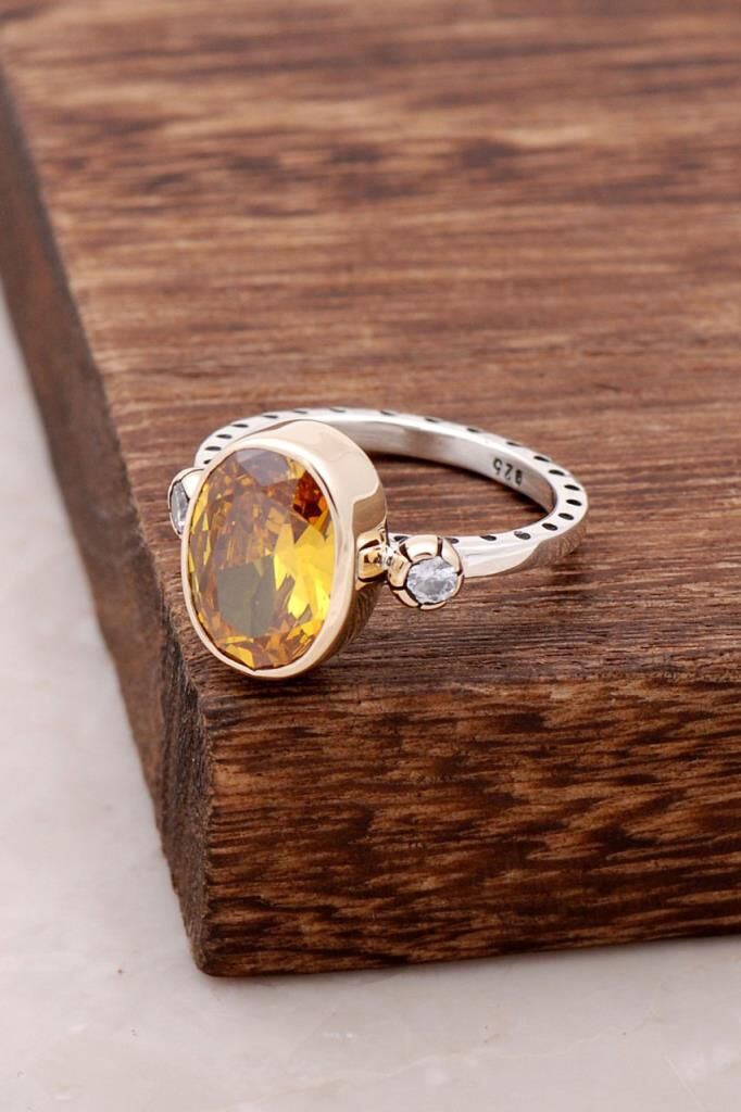 Limon Topaz Taşlı Çekiç Dövme Elişi Gümüş Yüzük 2561