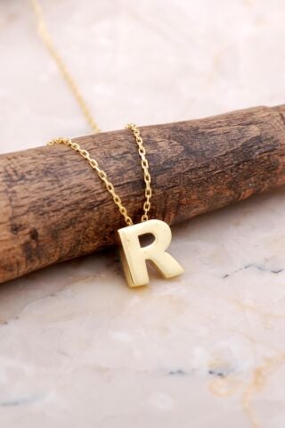 R Harfi Altın Kaplama Gümüş Kolye 7894