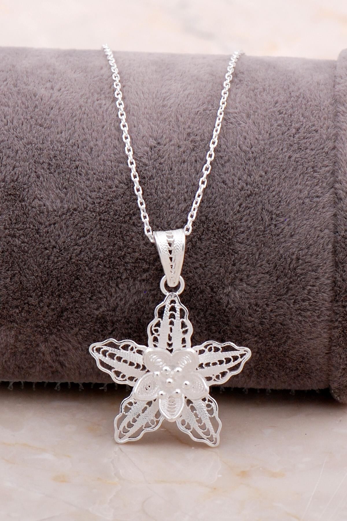 Telkari İşlemeli Buz Çiçeği Gümüş Kolye 6866