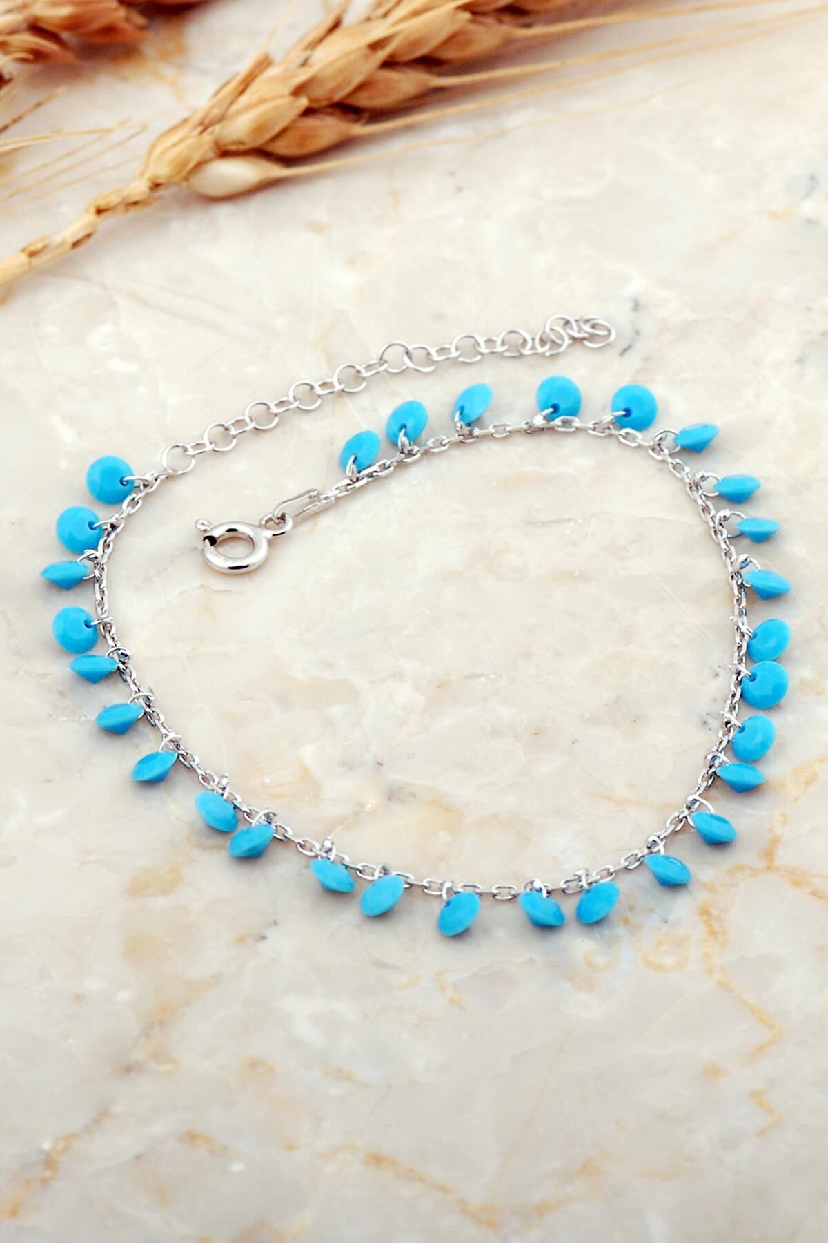 Turkuaz Taşlı Sallantılı Rodyumlu Gümüş Bileklik 4734