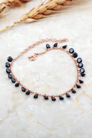 Oniks Taşlı Sallantılı Rose Gümüş Bileklik 4735