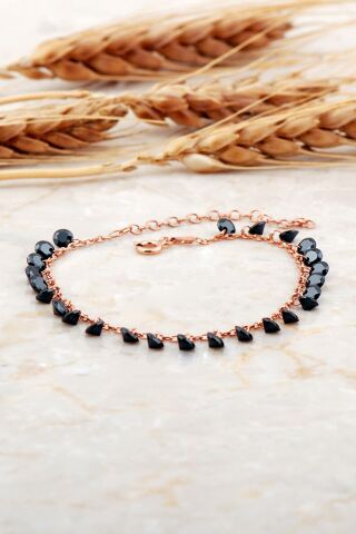 Oniks Taşlı Sallantılı Rose Gümüş Bileklik 4735