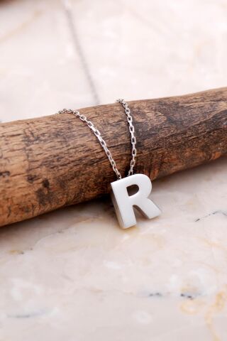 R Harfi Rodyumlu Gümüş Kolye 7895
