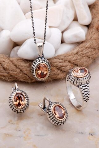 Topaz Taşlı Elişi Gümüş Set 2577