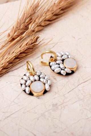 4 Farklı Renk Seçenekli Altın Yaldızlı İncili 925 Ayar Gümüş Halka Küpe 7413