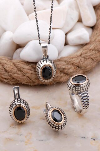 Oniks Taşlı Elişi Gümüş Set 2580