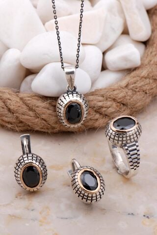 Oniks Taşlı Elişi Gümüş Set 2580