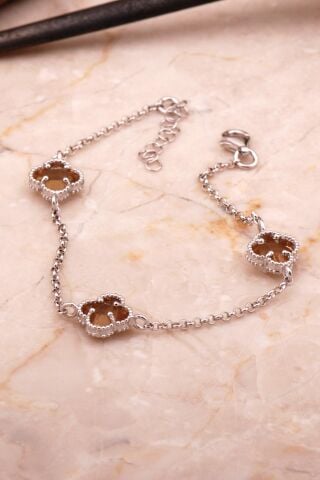 Renk Değiştiren Sultan Taşlı Yonca Rodyumlu Gümüş Bileklik 4588