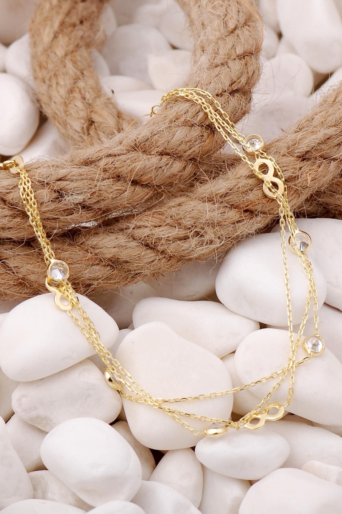 Sonsuzluk Altın Yaldızlı Taşlı Gümüş Bileklik 3927