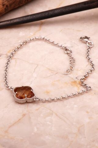 Renk Değiştiren Sultan Taşlı Yonca Rodyumlu Gümüş Bileklik 4589