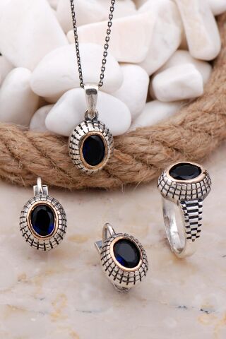 Safir Taşlı Elişi Gümüş Set 2581