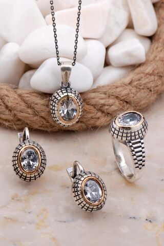 Kuvars Taşlı Elişi Gümüş Set 2582