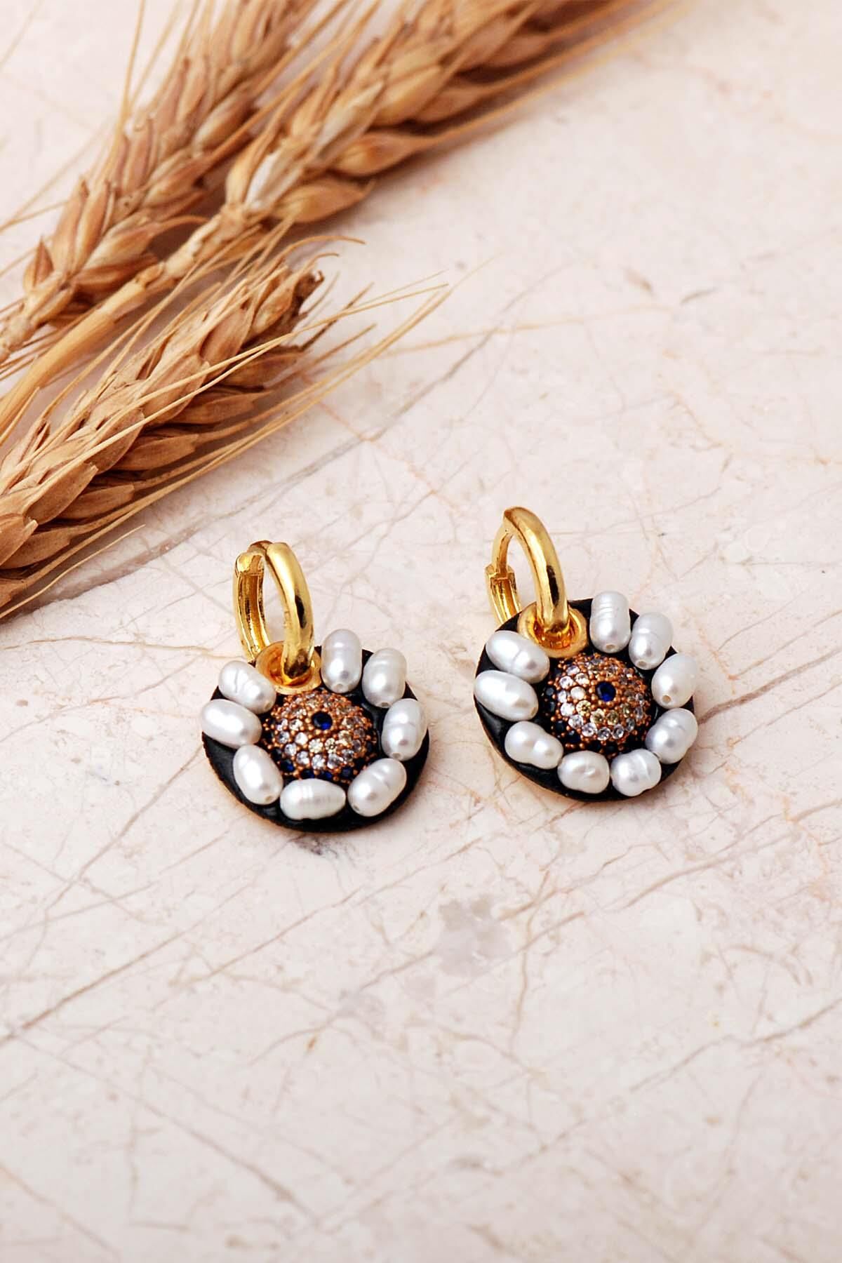 Nazar Boncuklu İncili Altın Yaldızlı 925 Ayar Gümüş Halka Küpe 7414