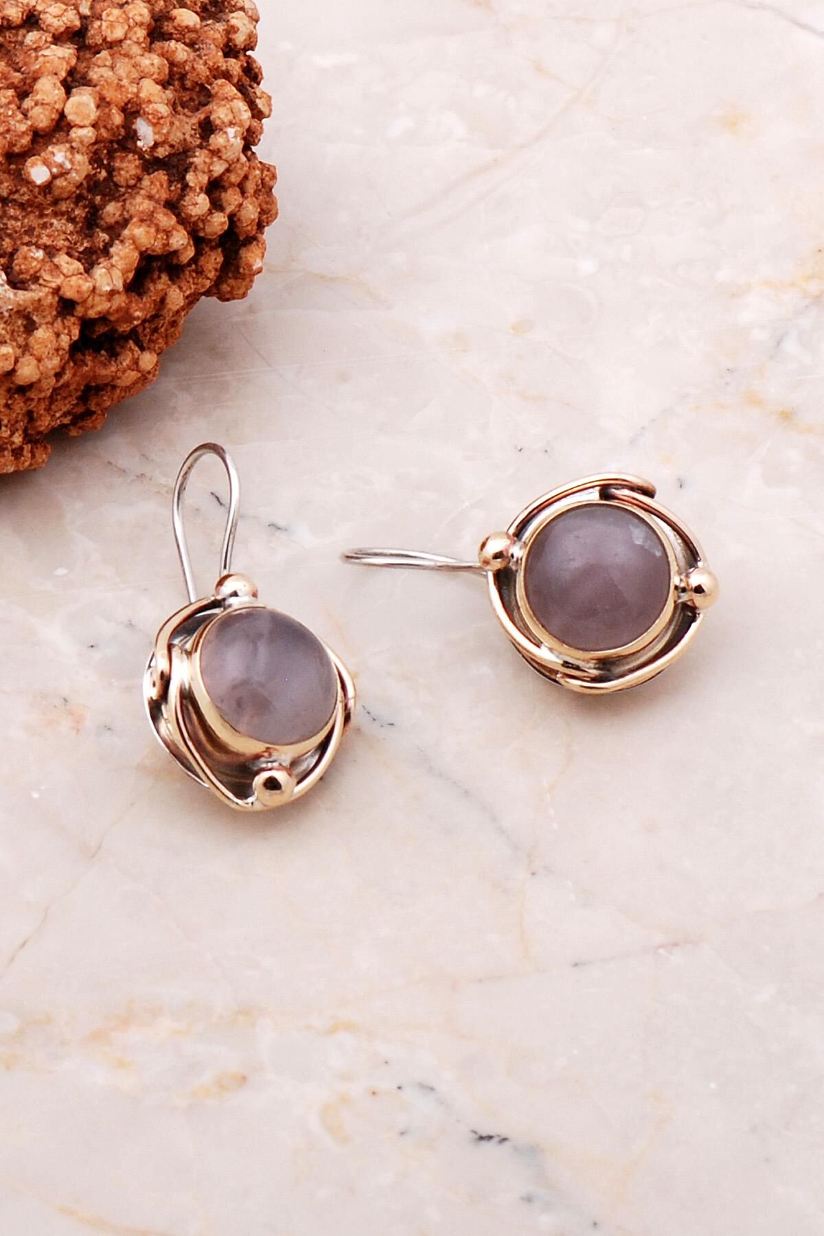 Pembe Kuvars Elişi Tasarım Gümüş Küpe 5176