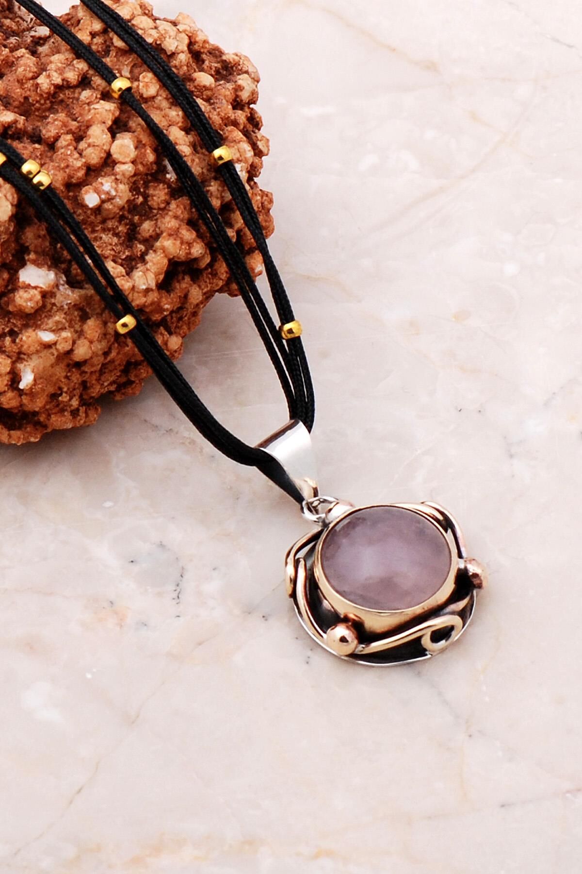 Pembe Kuvars Elişi Tasarım Gümüş Kolye 7139