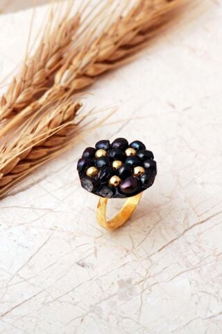 Siyah İnci Taşlı Altın Yaldızlı 925 Ayar Gümüş Ayarlanabilir Yüzük 6008