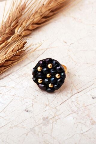 Siyah İnci Taşlı Altın Yaldızlı 925 Ayar Gümüş Ayarlanabilir Yüzük 6008