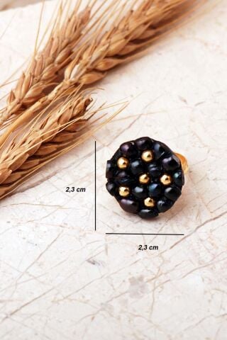 Siyah İnci Taşlı Altın Yaldızlı 925 Ayar Gümüş Ayarlanabilir Yüzük 6008