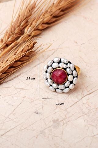 Yakut Taşlı İncili Altın Yaldızlı 925 Ayar Gümüş Ayarlanabilir Yüzük 6009