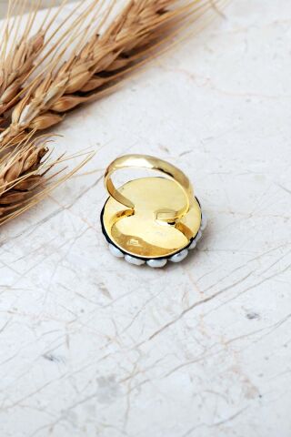 Yakut Taşlı İncili Altın Yaldızlı 925 Ayar Gümüş Ayarlanabilir Yüzük 6009