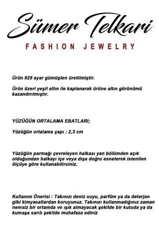 Yakut Taşlı İncili Altın Yaldızlı 925 Ayar Gümüş Ayarlanabilir Yüzük 6009