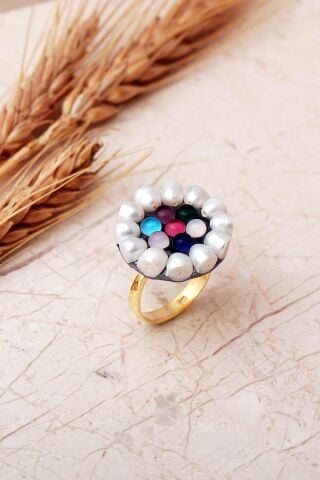 Renkli Kuvars Taşlı İncili Altın Yaldızlı 925 Ayar Gümüş Ayarlanabilir Yüzük 6010