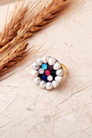 Renkli Kuvars Taşlı İncili Altın Yaldızlı 925 Ayar Gümüş Ayarlanabilir Yüzük 6010