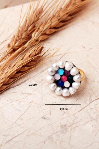 Renkli Kuvars Taşlı İncili Altın Yaldızlı 925 Ayar Gümüş Ayarlanabilir Yüzük 6010