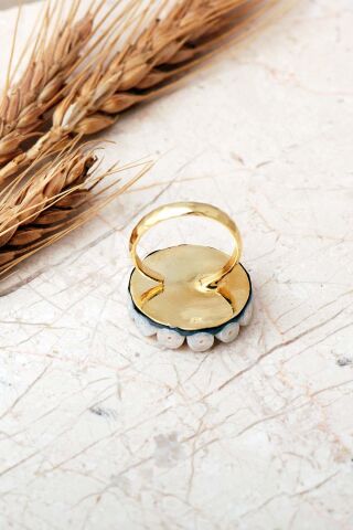 Renkli Kuvars Taşlı İncili Altın Yaldızlı 925 Ayar Gümüş Ayarlanabilir Yüzük 6010