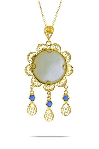 Sedef Taşlı Telkari İşlemeli Altın Yaldızlı Gümüş Kolye 7356