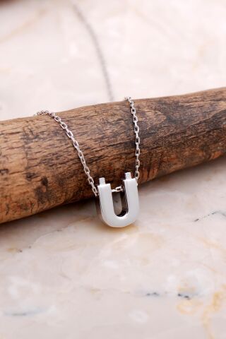 Ü Harfi Rodyumlu Gümüş Kolye 7910