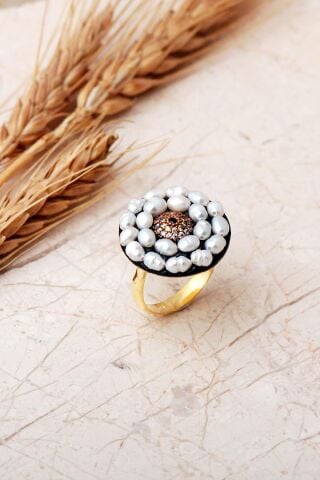 Nazar Boncuklu İncili Altın Yaldızlı 925 Ayar Gümüş Ayarlanabilir Yüzük 6011