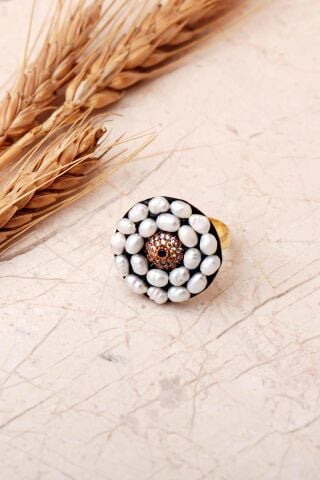 Safir Taşlı ve İncili Nazar Formlu 925 Ayar Gümüş Yüzük 6011