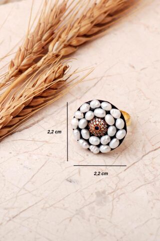 Nazar Boncuklu İncili Altın Yaldızlı 925 Ayar Gümüş Ayarlanabilir Yüzük 6011