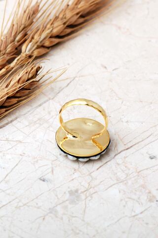 Nazar Boncuklu İncili Altın Yaldızlı 925 Ayar Gümüş Ayarlanabilir Yüzük 6011