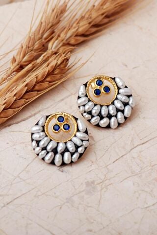 3 Farklı Doğal Taş Seçenekli Altın Yaldızlı İncili 925 Ayar Gümüş Küpe 7411