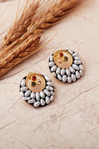 3 Farklı Doğal Taş Seçenekli Altın Yaldızlı İncili 925 Ayar Gümüş Küpe 7411