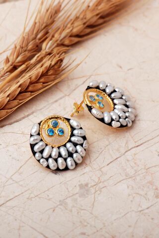 3 Farklı Doğal Taş Seçenekli Altın Yaldızlı İncili 925 Ayar Gümüş Küpe 7411