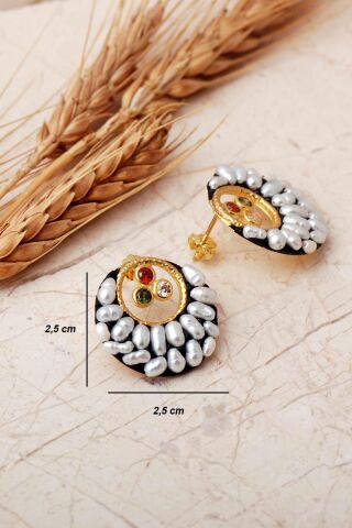 3 Farklı Doğal Taş Seçenekli Altın Yaldızlı İncili 925 Ayar Gümüş Küpe 7411