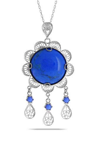 Firuze Taşlı Telkari İşlemeli Gümüş Kolye 7360