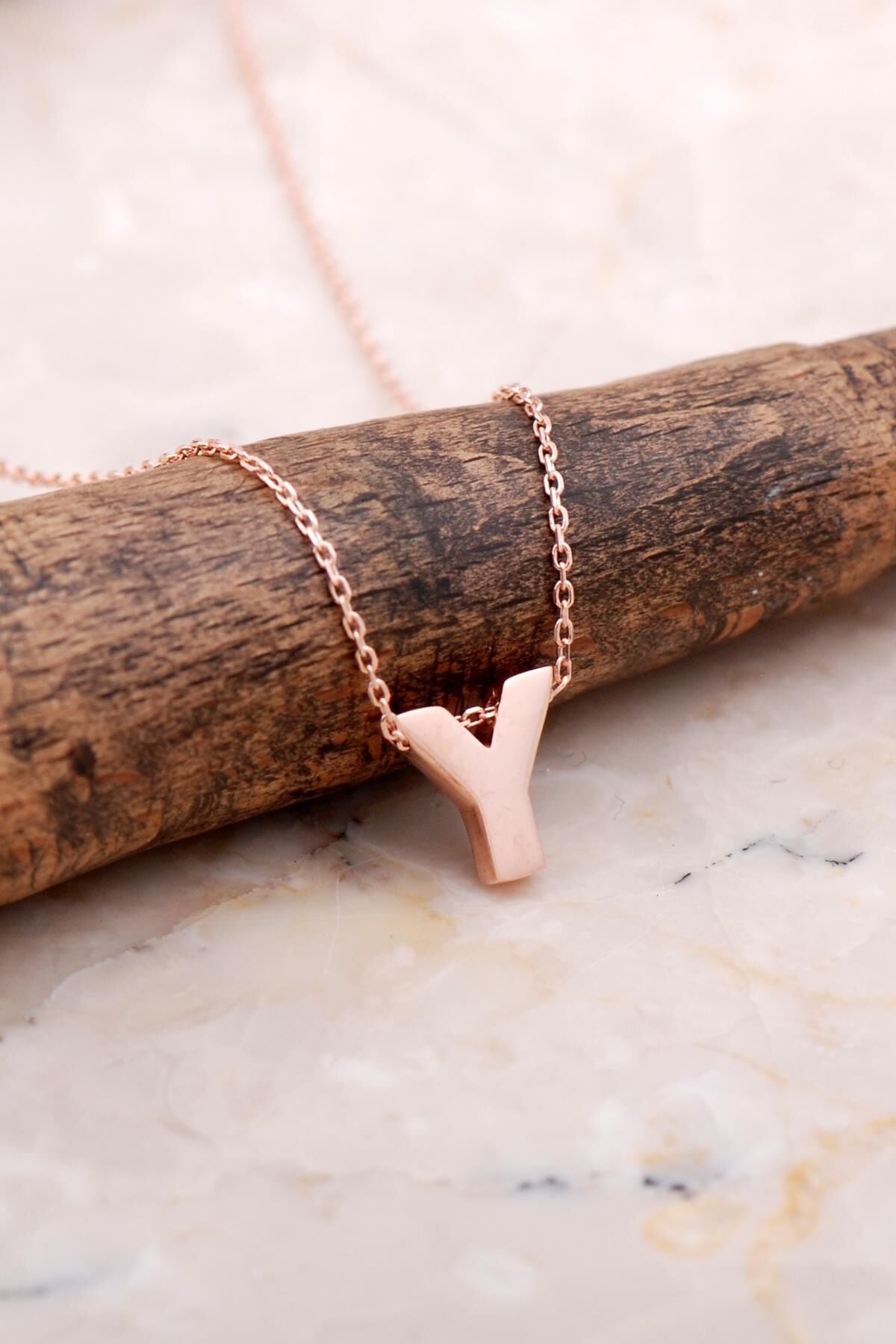 Y Harfi Rose Gümüş Kolye 7914