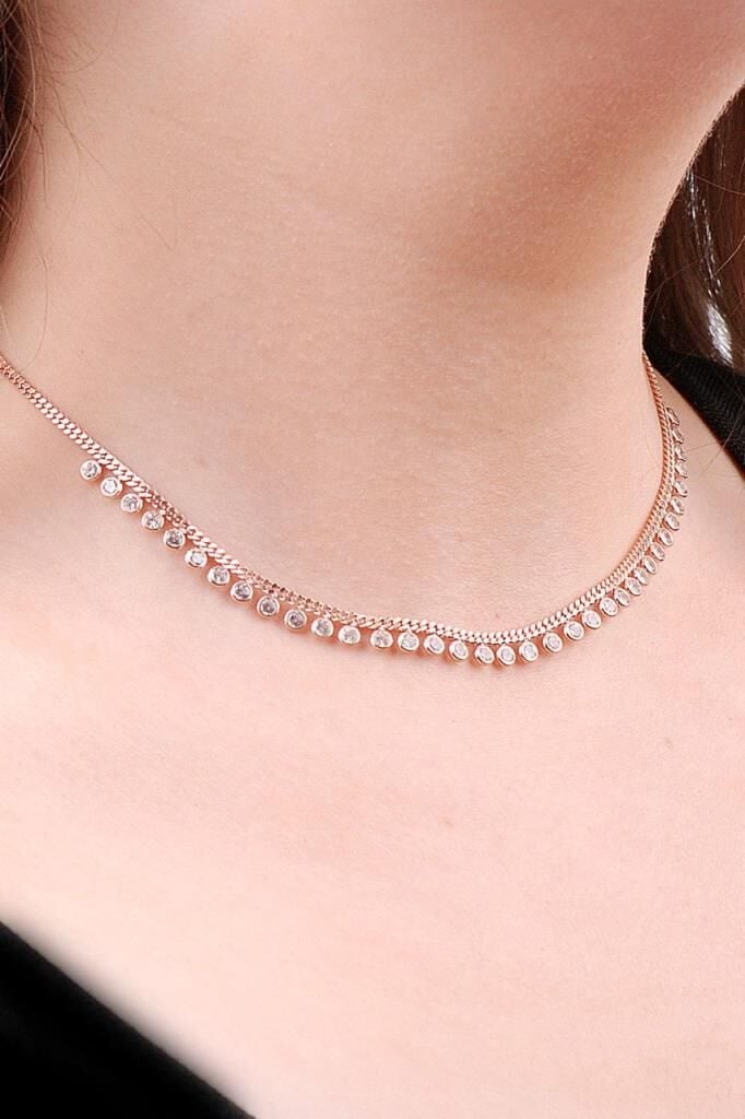 Choker Rose Gümüş Sıra Taşlı Tasarım Kolye 6469